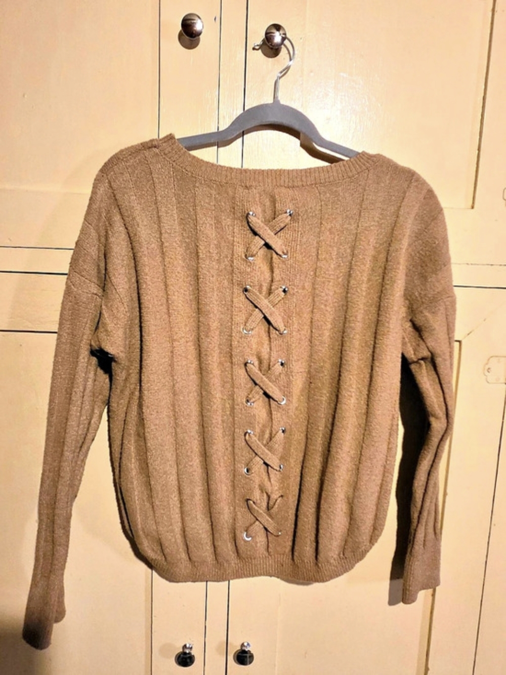 Pink Republic Lace-Up Front Brown Sweater